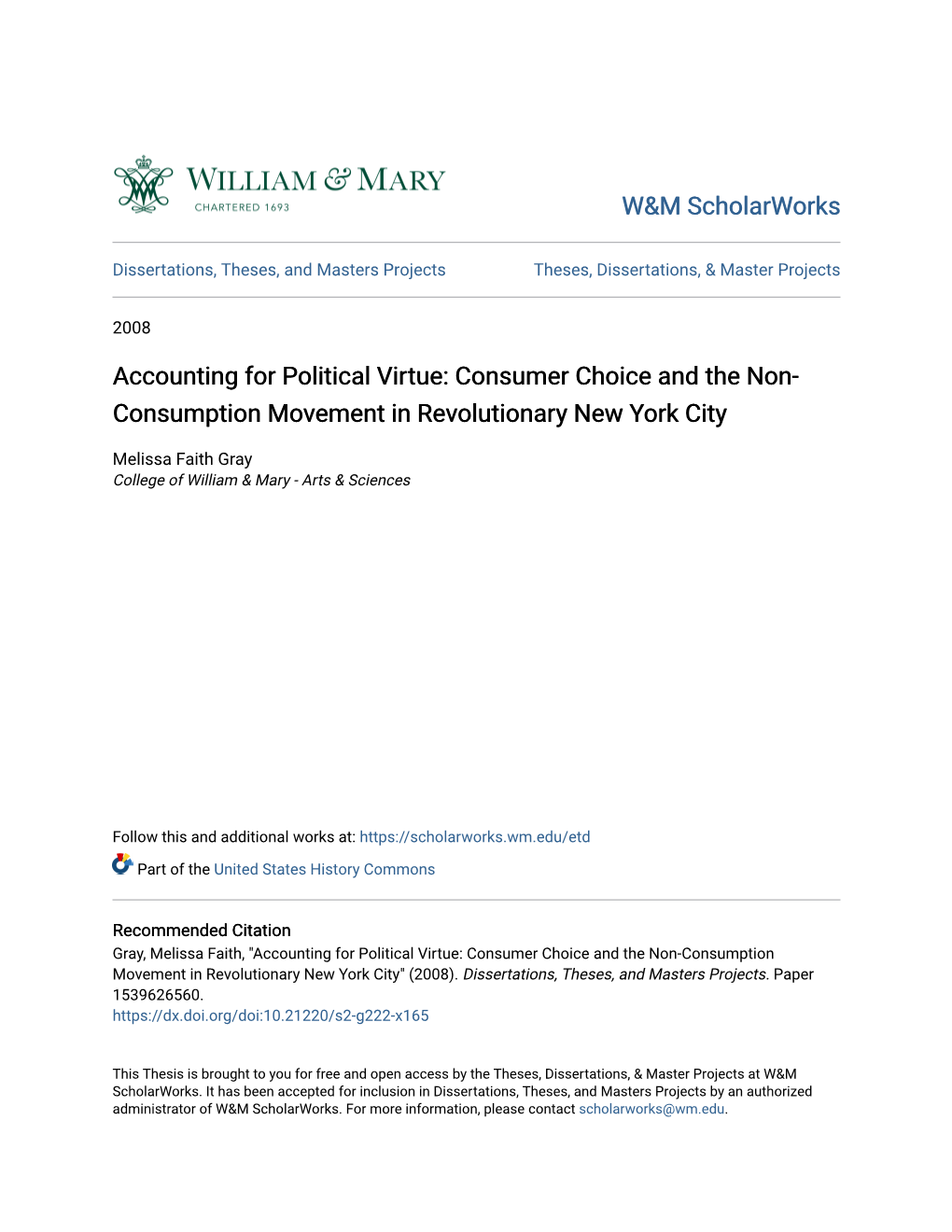 Consumer Choice and the Non-Consumption Movement in Revolutionary New York City" (2008)