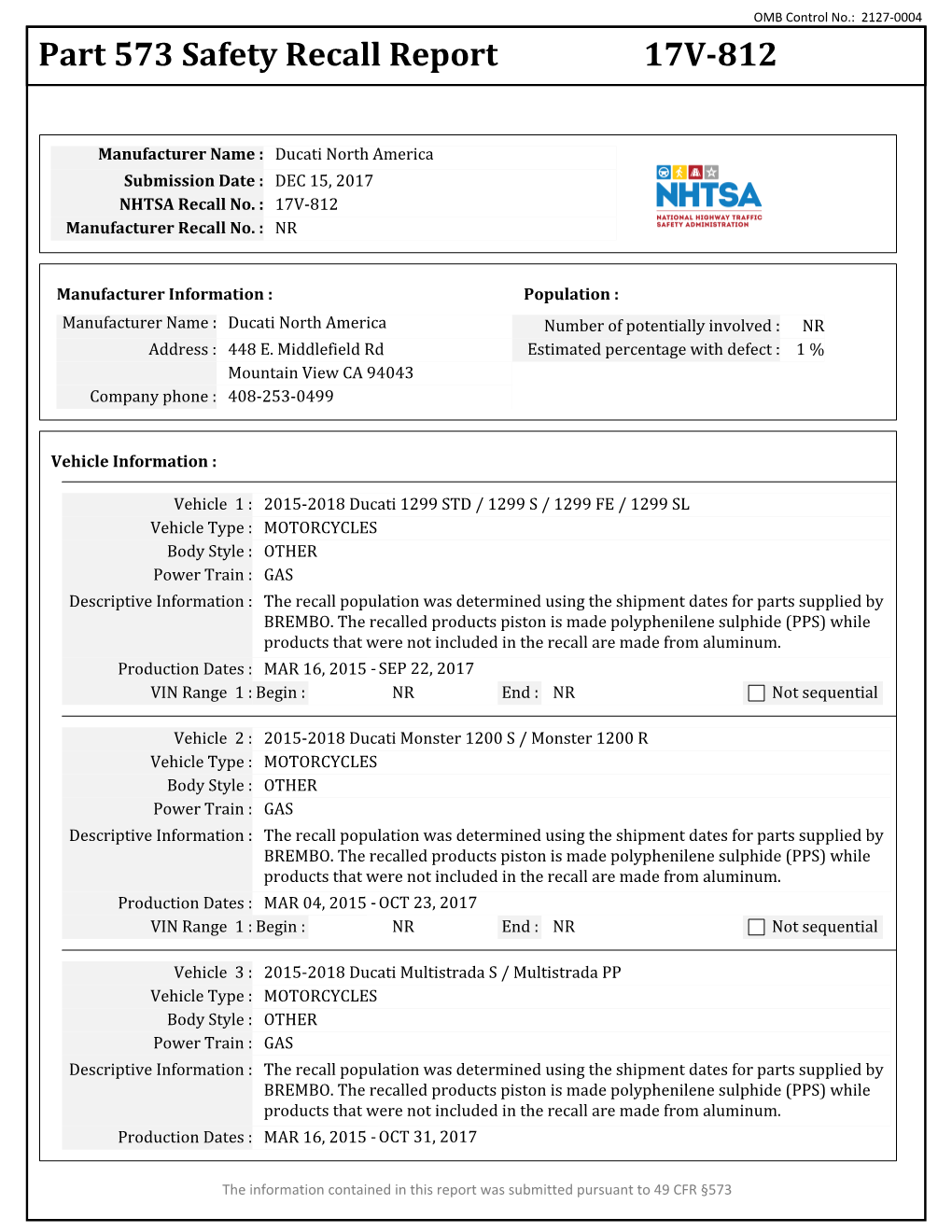 Part 573 Safety Recall Report 17V-812