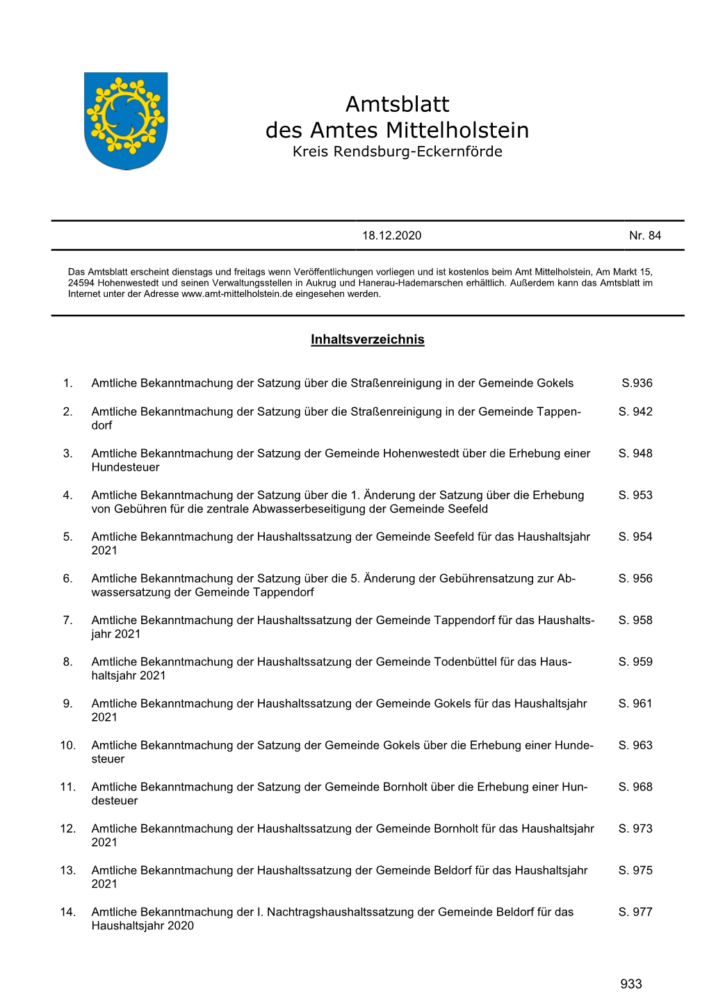 Amtsblatt Des Amtes Mittelholstein Nr. 84 Vom 18.12.2020