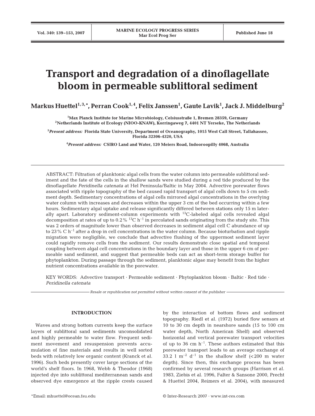 Transport and Degradation of a Dinoflagellate Bloom in Permeable Sublittoral Sediment