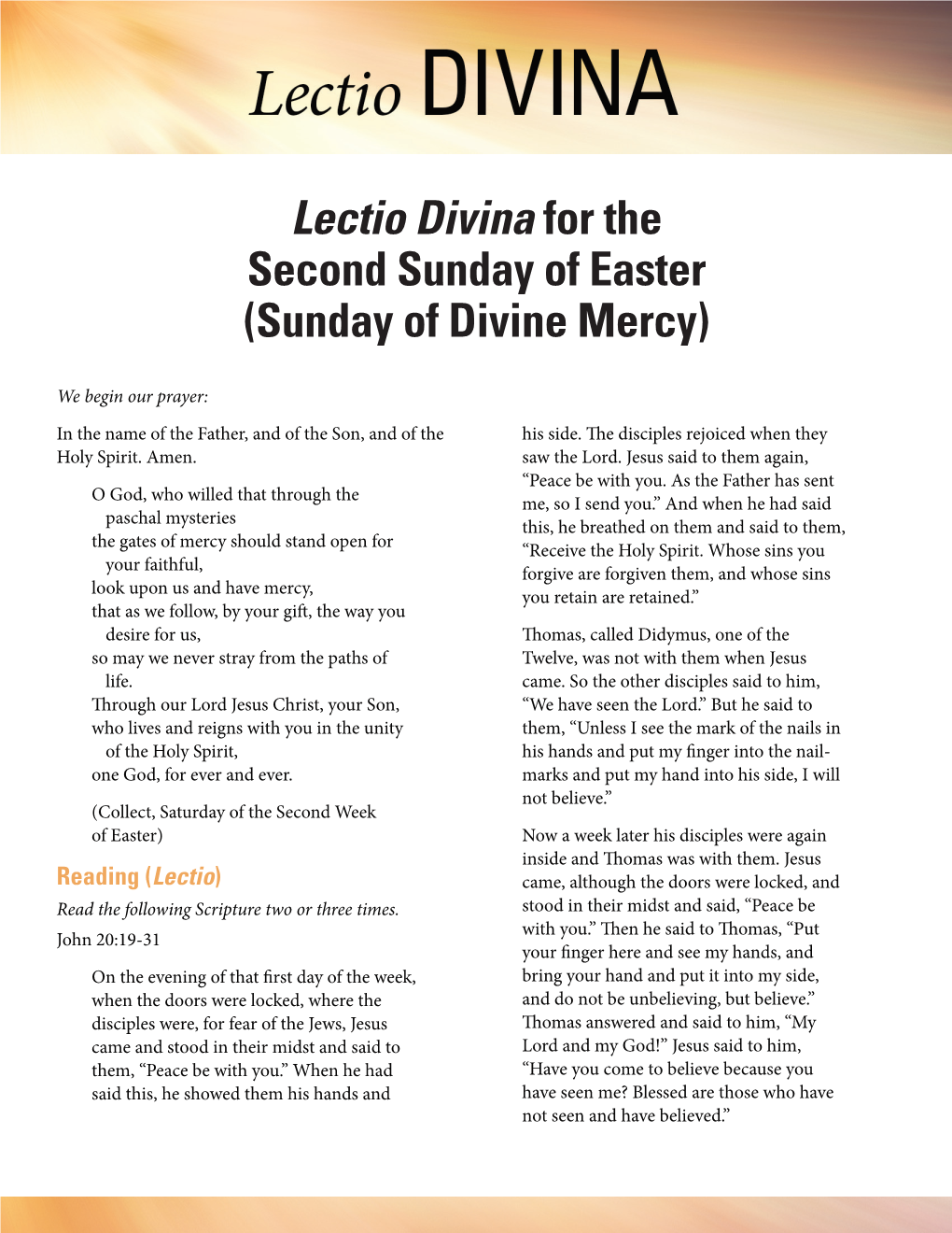 Lectio Divina for the Second Sunday of Easter (Sunday of Divine Mercy)