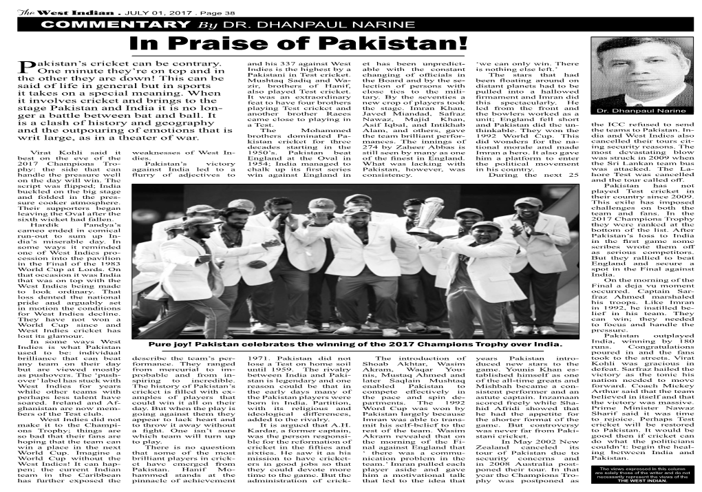 Cricket- in Praise of Pakistan – by Dr. Dhanpaul Narine