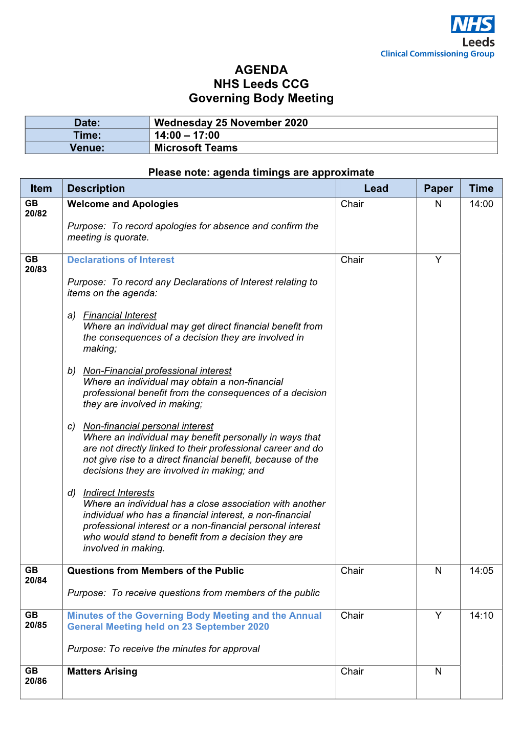 AGENDA NHS Leeds CCG Governing Body Meeting