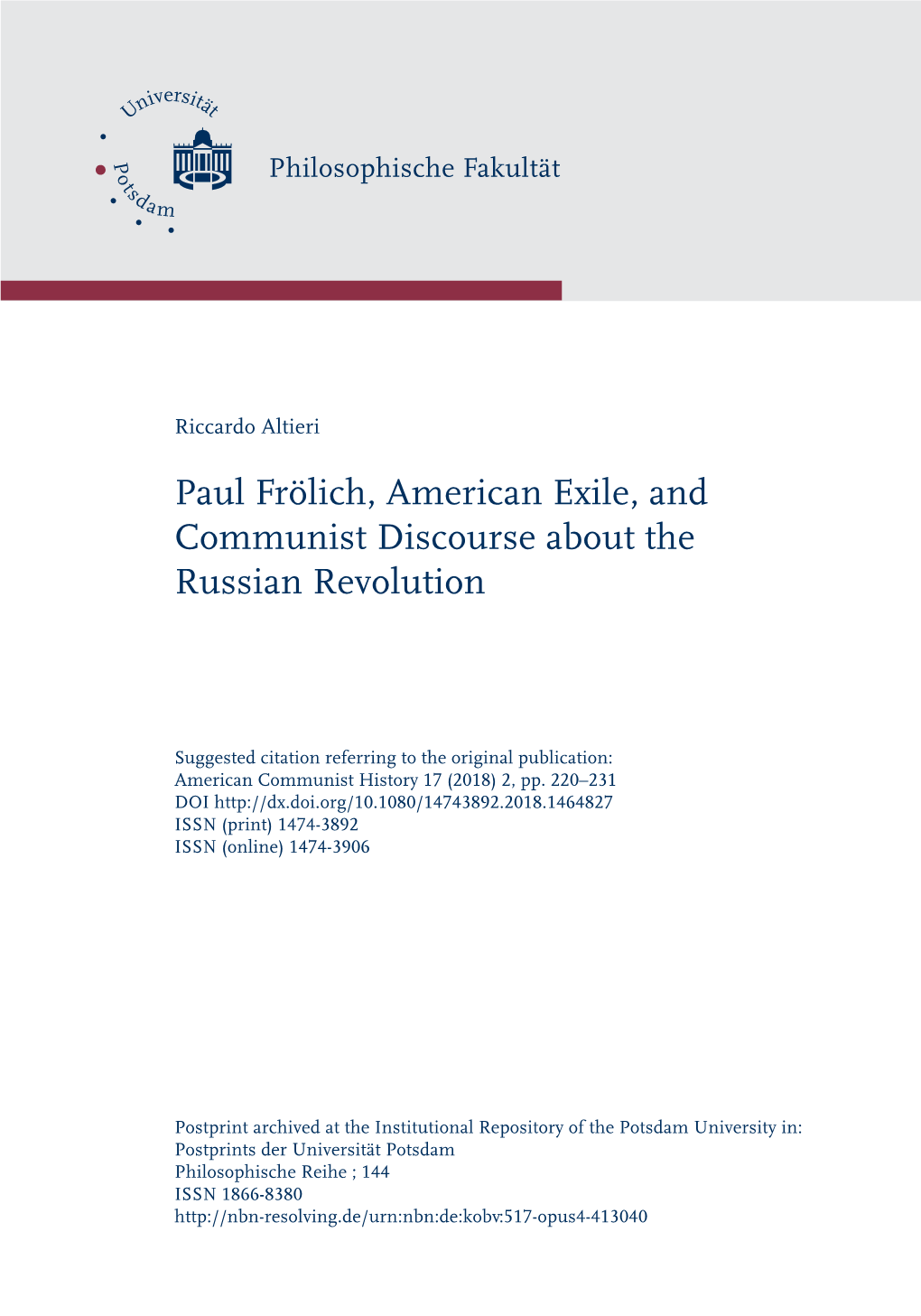 Paul Frölich, American Exile, and Communist Discourse About the Russian Revolution