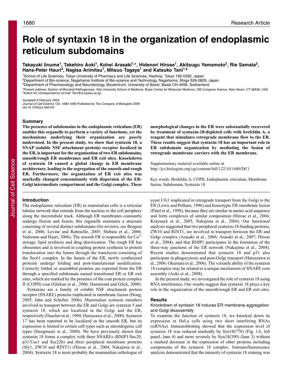 Role of Syntaxin 18 in the Organization of Endoplasmic Reticulum Subdomains