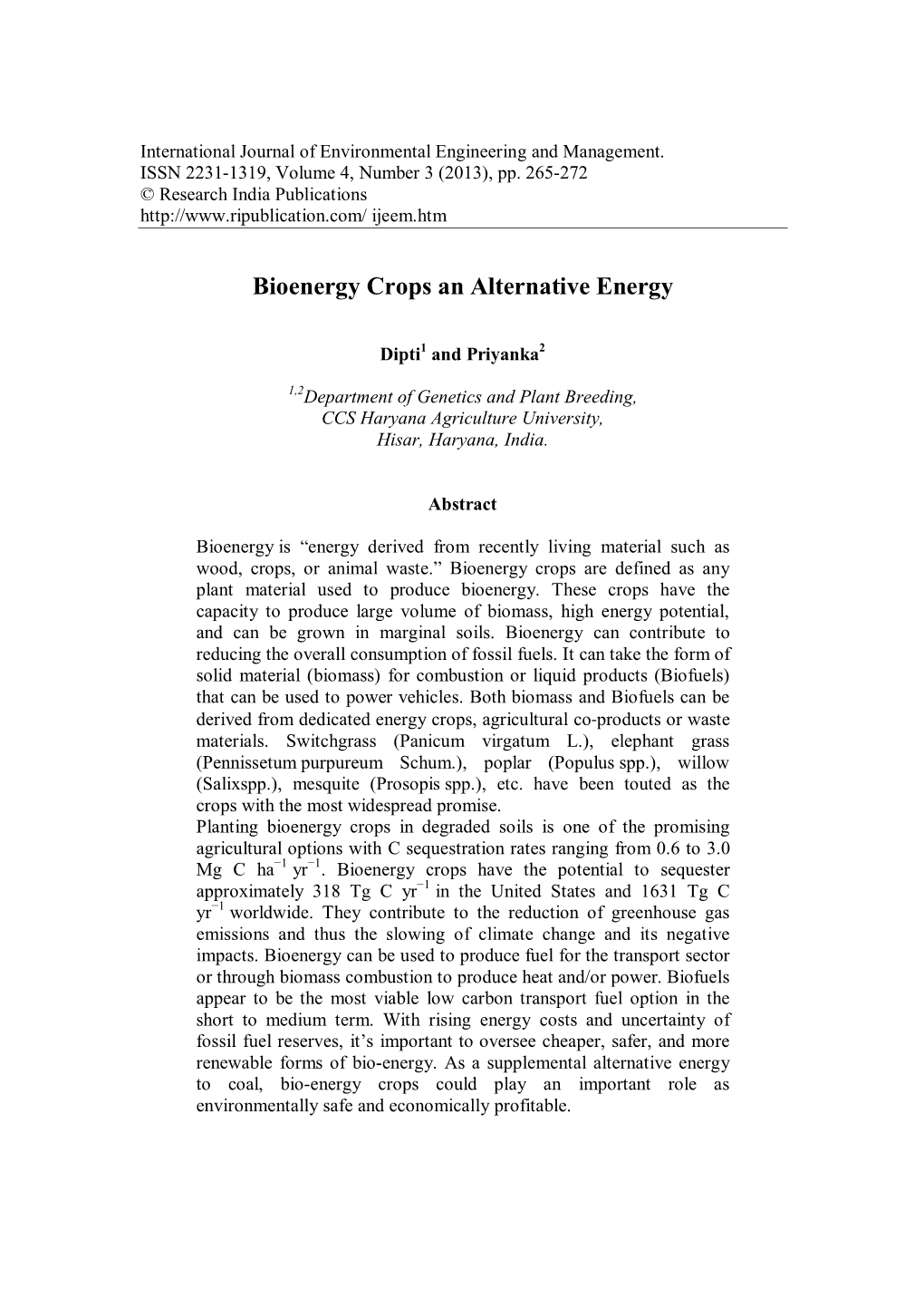 Bioenergy Crops an Alternative Energy