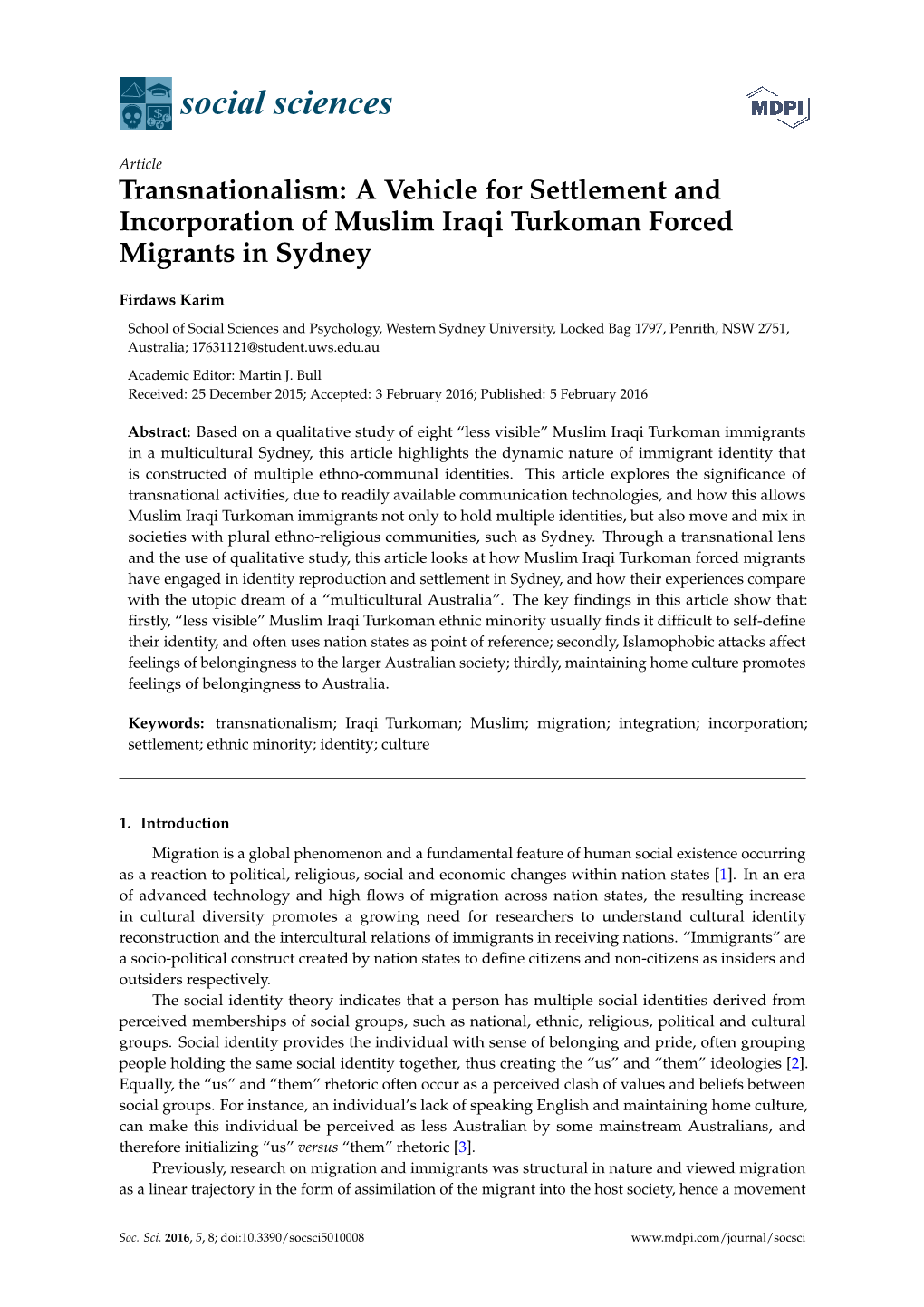 Transnationalism: a Vehicle for Settlement and Incorporation of Muslim Iraqi Turkoman Forced Migrants in Sydney