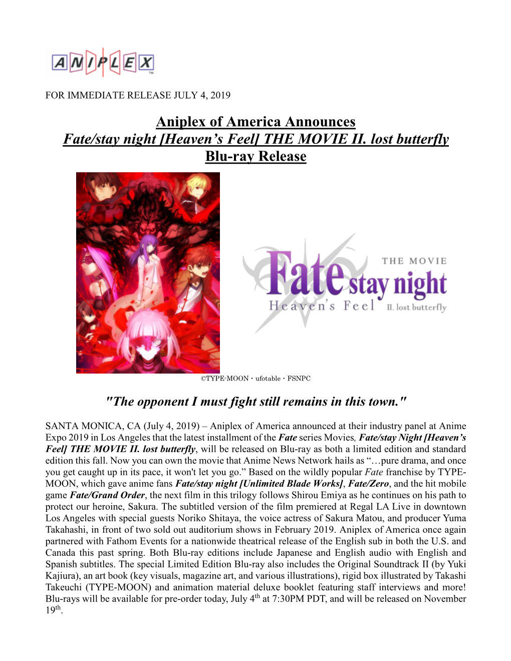 Aniplex of America Announces Fate/Stay Night [Heaven's Feel] THE