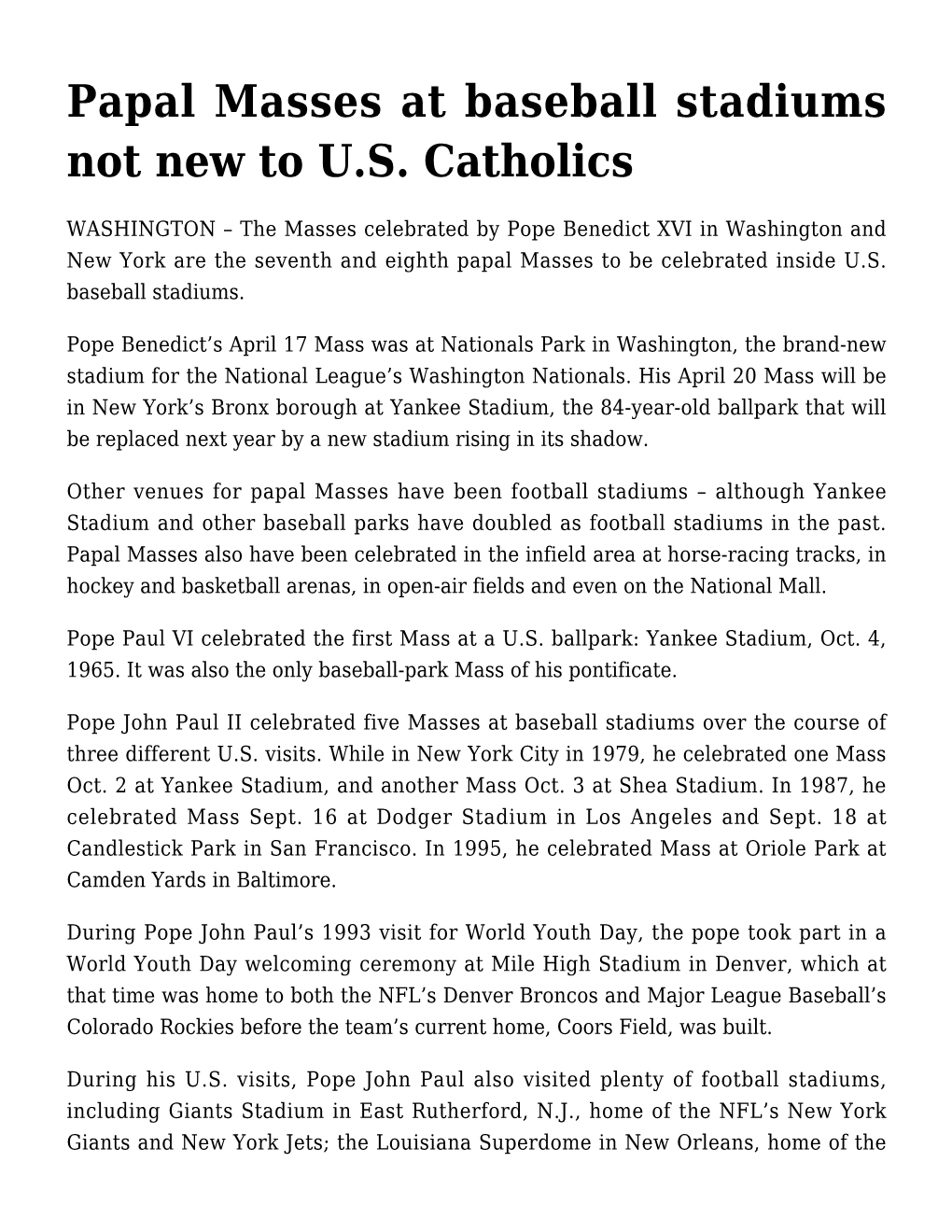 Papal Masses at Baseball Stadiums Not New to U.S. Catholics