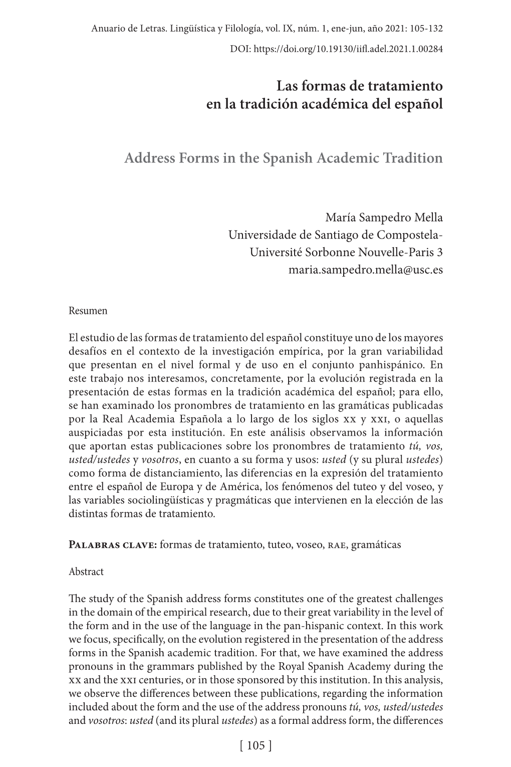 Las Formas De Tratamiento En La Tradición Académica Del Español