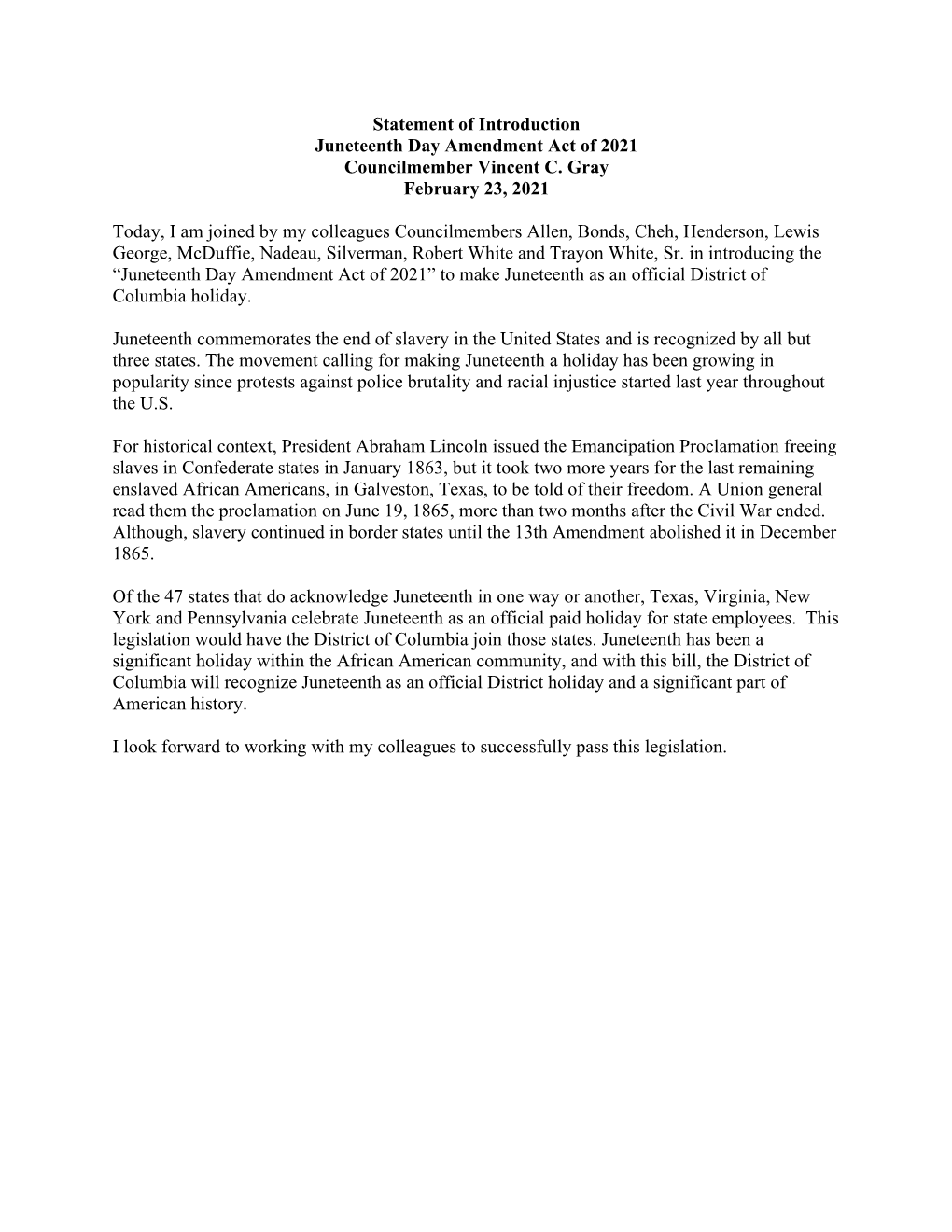 Statement of Introduction Juneteenth Day Amendment Act of 2021 Councilmember Vincent C