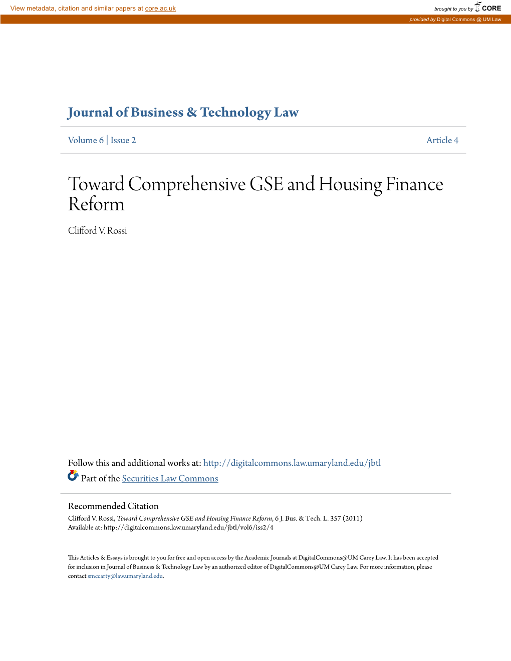 Toward Comprehensive GSE and Housing Finance Reform Clifford V