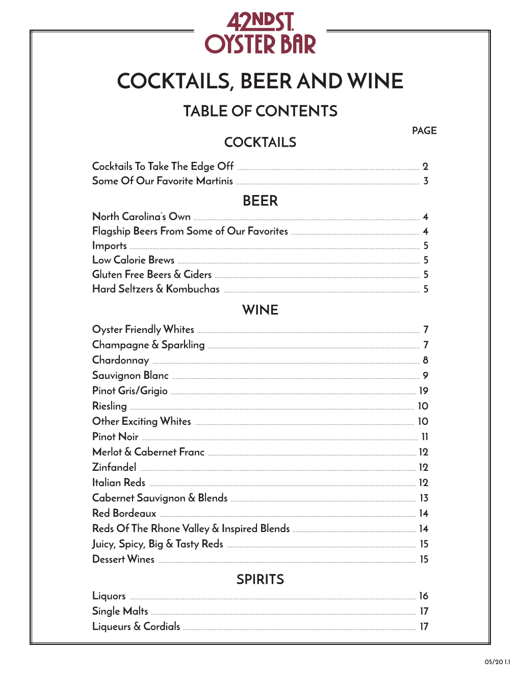 Cocktails, Beer and Wine Table of Contents Page Cocktails