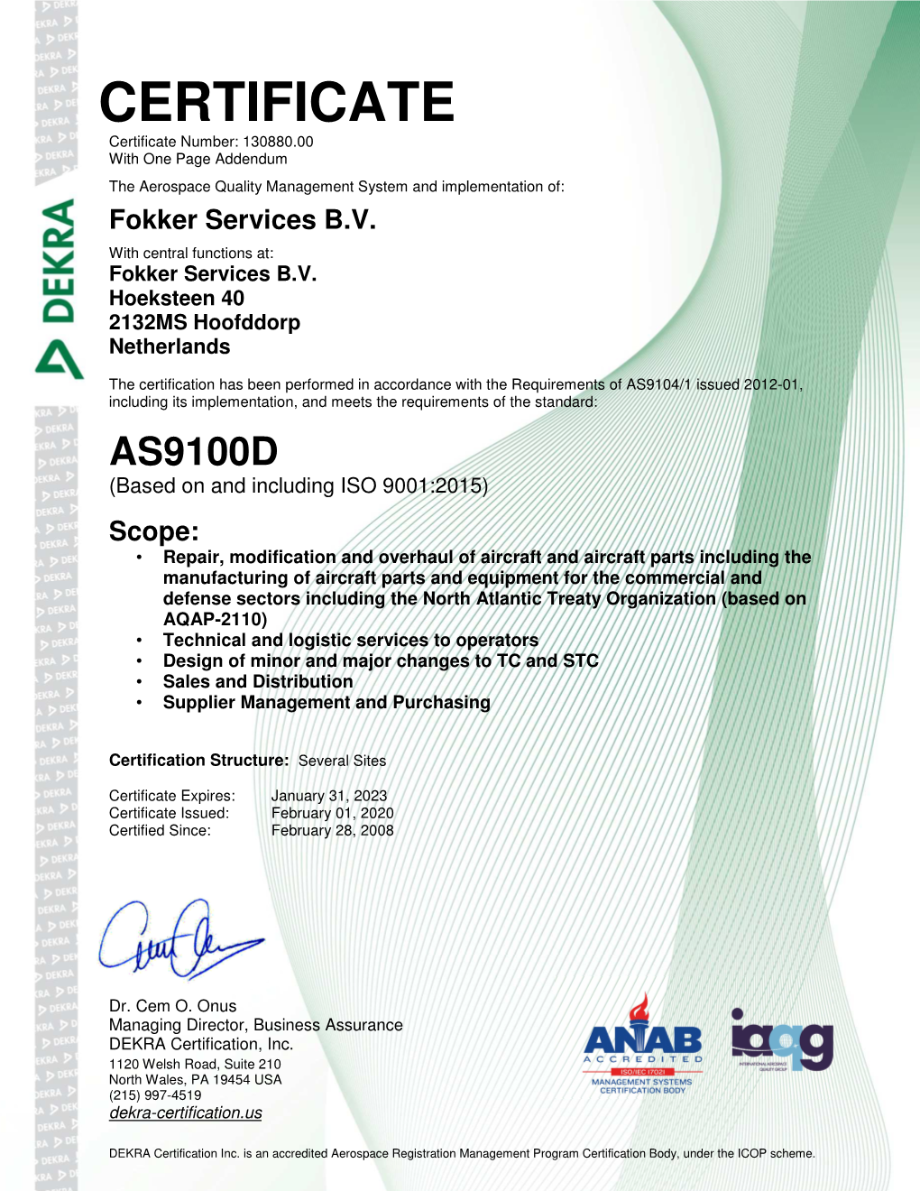 DEKRA AS9100D Incl. ISO 9001