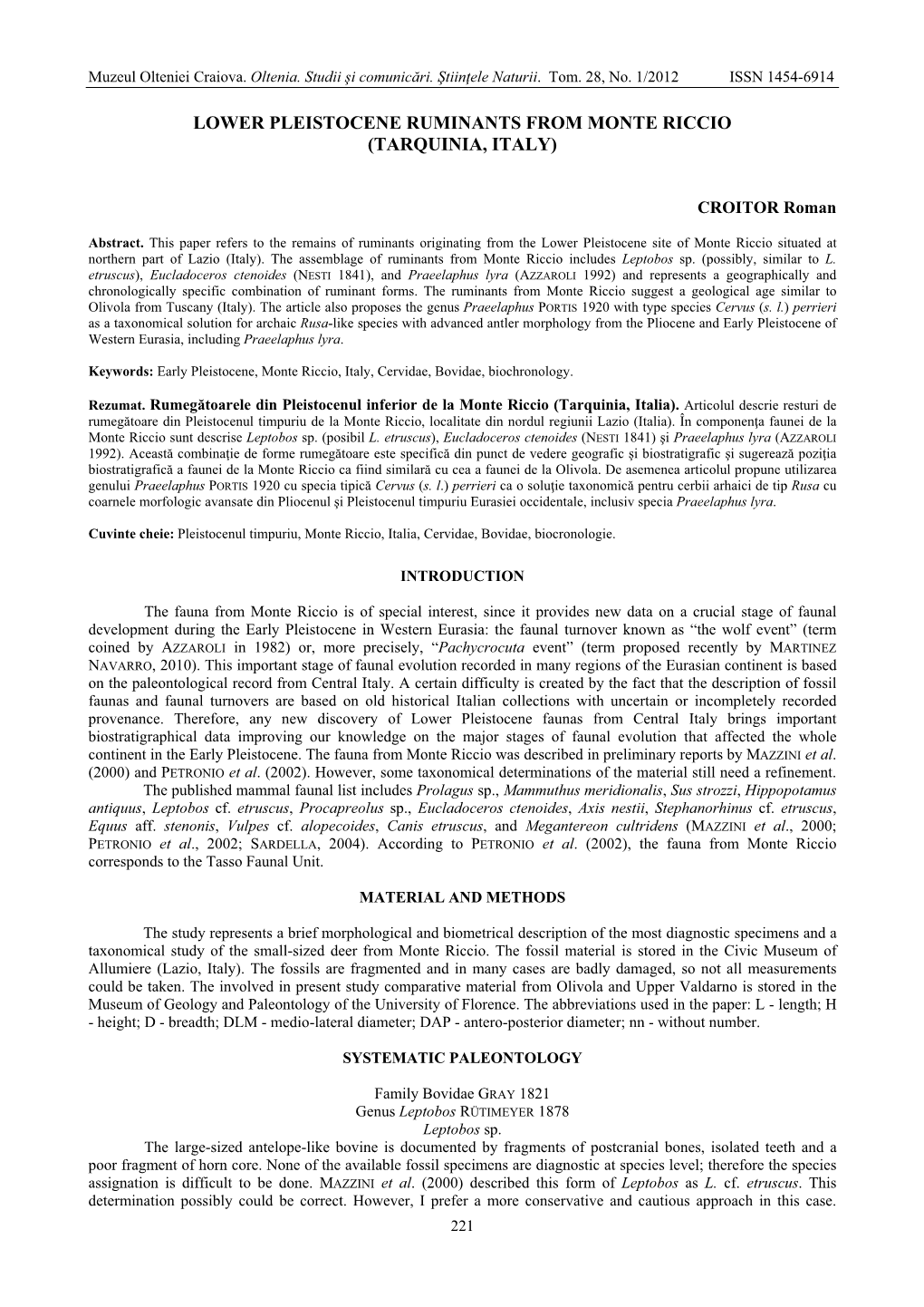 Lower Pleistocene Ruminants from Monte Riccio (Tarquinia, Italy)