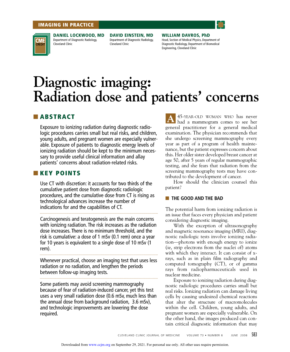 Diagnostic Imaging: Radiation Dose and Patients’ Concerns