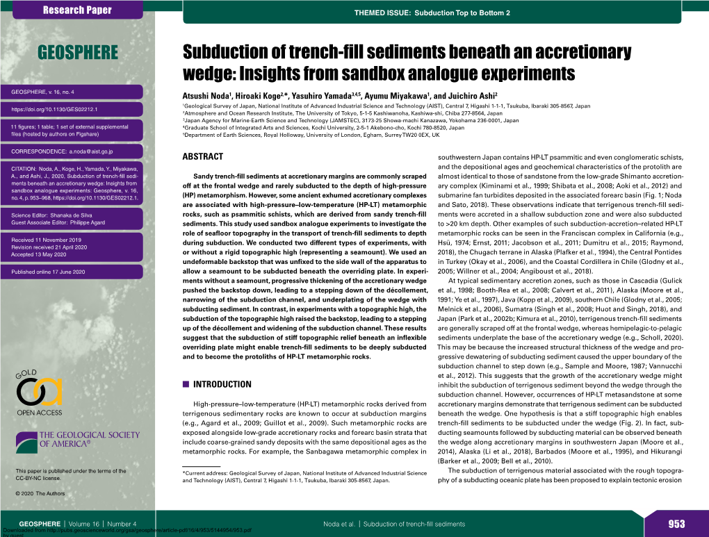 Subduction of Trench-Fill Sediments Beneath an Accretionary Wedge: Insights from Sandbox Analogue Experiments GEOSPHERE, V