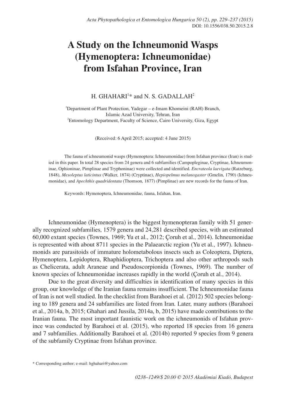 A Study on the Ichneumonid Wasps (Hymenoptera: Ichneumonidae) from Isfahan Province, Iran