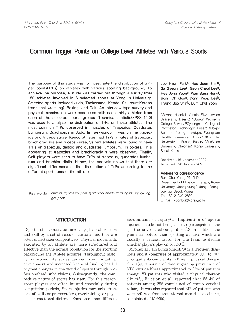 Common Trigger Points on College-Level Athletes with Various Sports