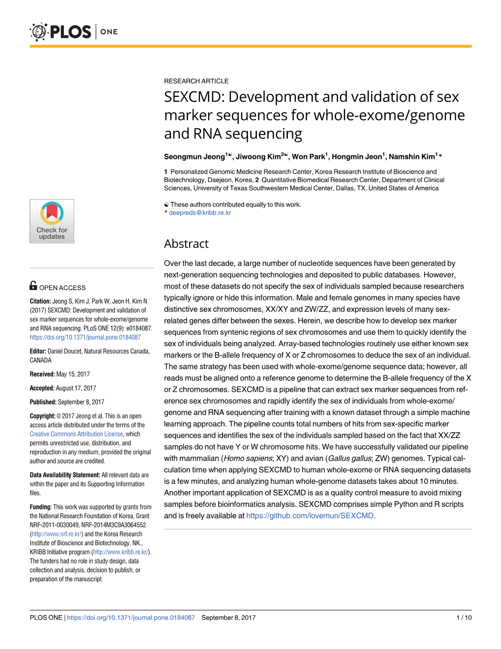Development and Validation of Sex Marker Sequences for Whole-Exome/Genome and RNA Sequencing