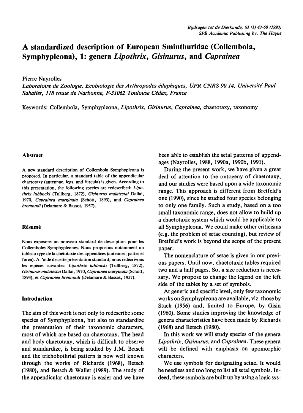 Description of European Sminthuridae Symphypleona), 1: Genera Lipothrix