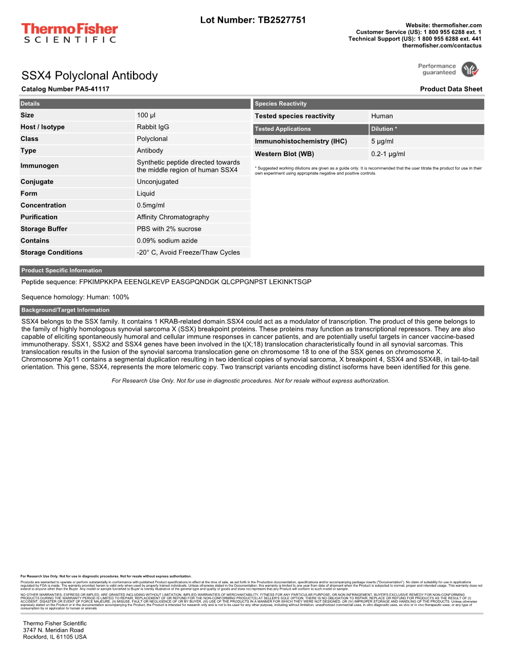 SSX4 Polyclonal Antibody Catalog Number PA5-41117 Product Data Sheet