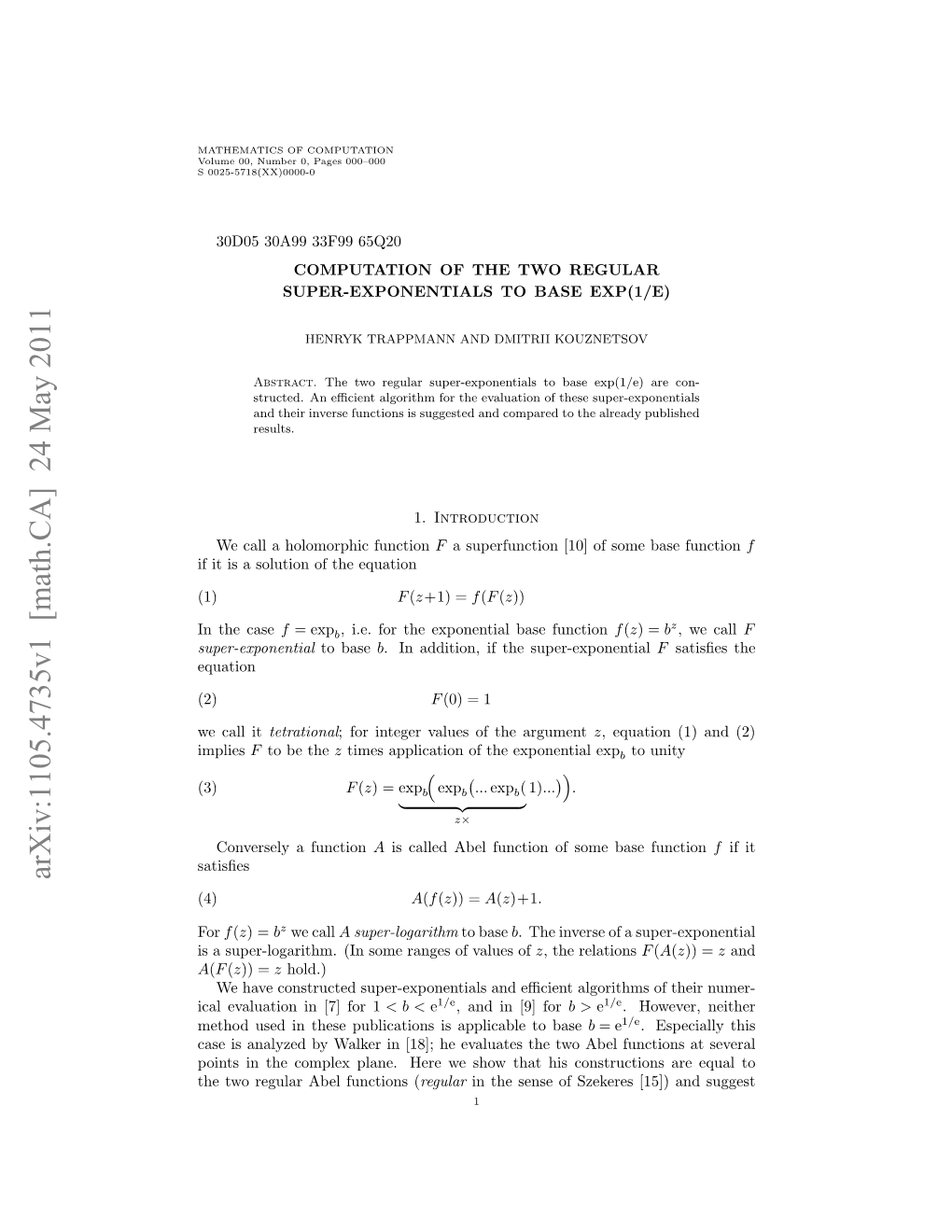 Computation of the Two Regular Super-Exponentials to Base Exp (1/E)