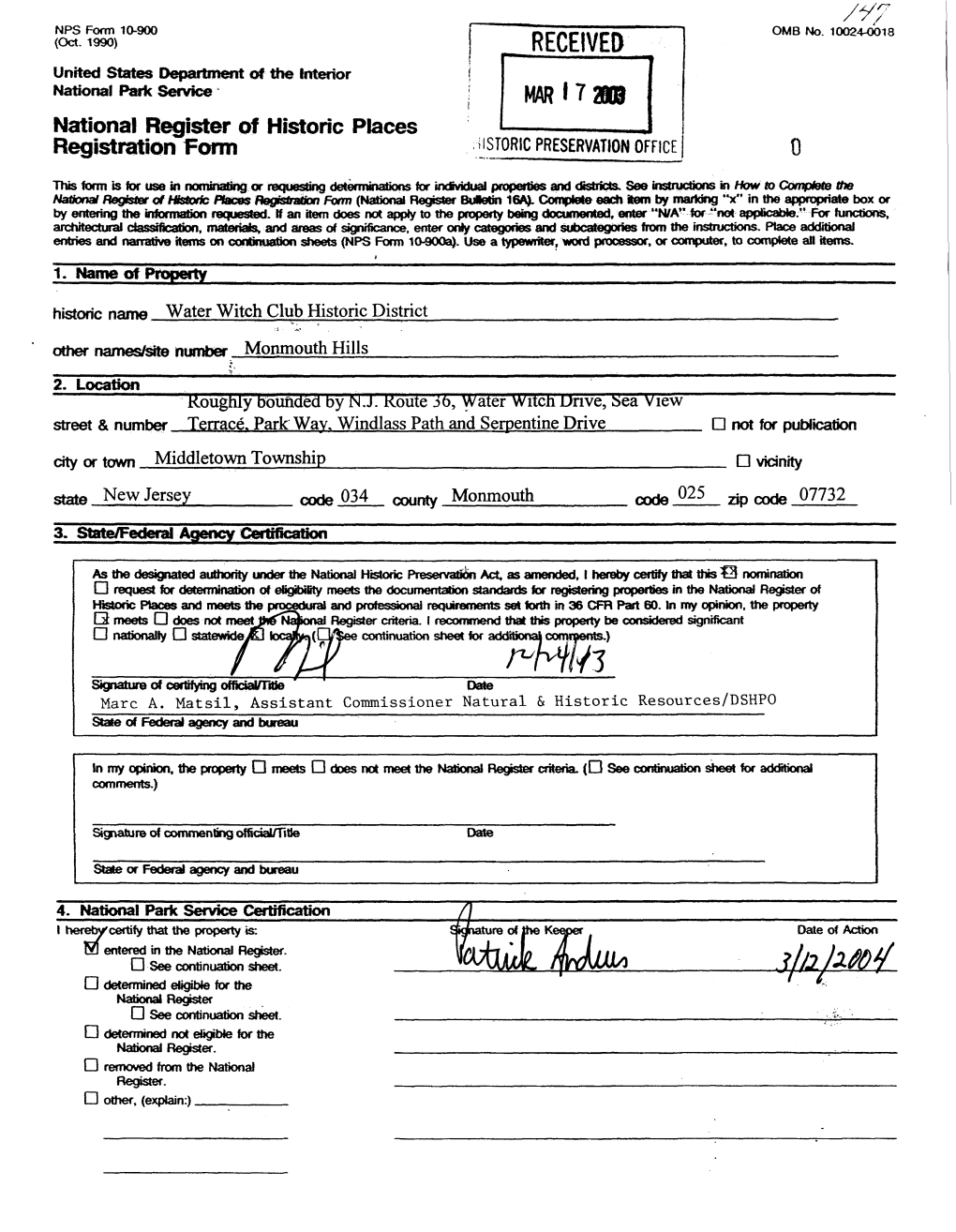 RECEIVED United States Department of the Interior National Park Service Marlt National Register of Historic Places Registration Form Ilstoric PRESERVATION OFFICE 0