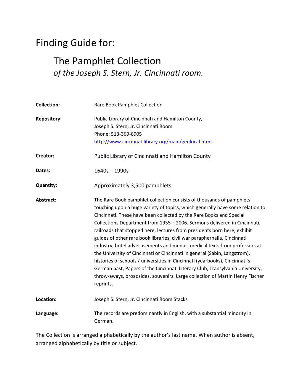 Finding Guide For: the Pamphlet Collection of the Joseph S