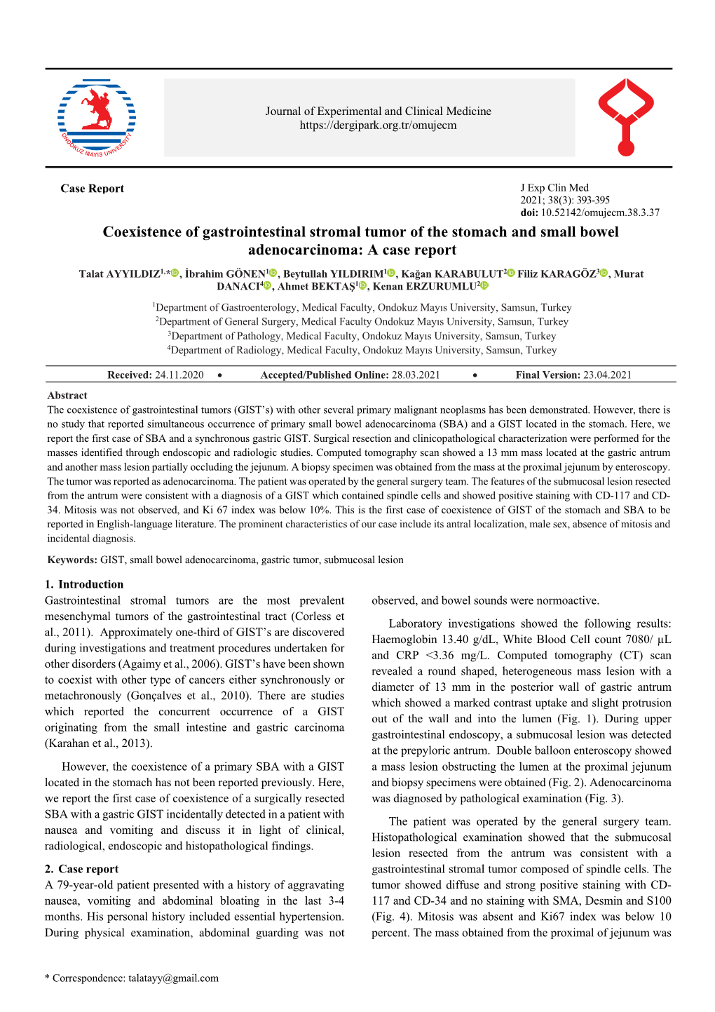 Coexistence of Gastrointestinal Stromal Tumor of the Stomach and Small Bowel Adenocarcinoma: a Case Report