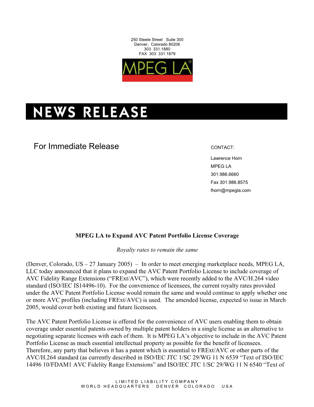 MPEG LA to Expand AVC Patent Portfolio License Coverage