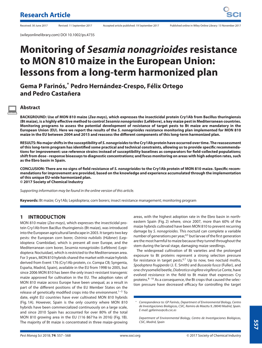 Monitoring of Sesamia Nonagrioides Resistance to MON 810 Maize in The