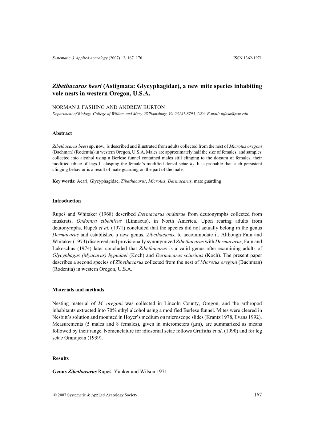 Zibethacarus Beeri (Astigmata: Glycyphagidae), a New Mite Species Inhabiting Vole Nests in Western Oregon, U.S.A