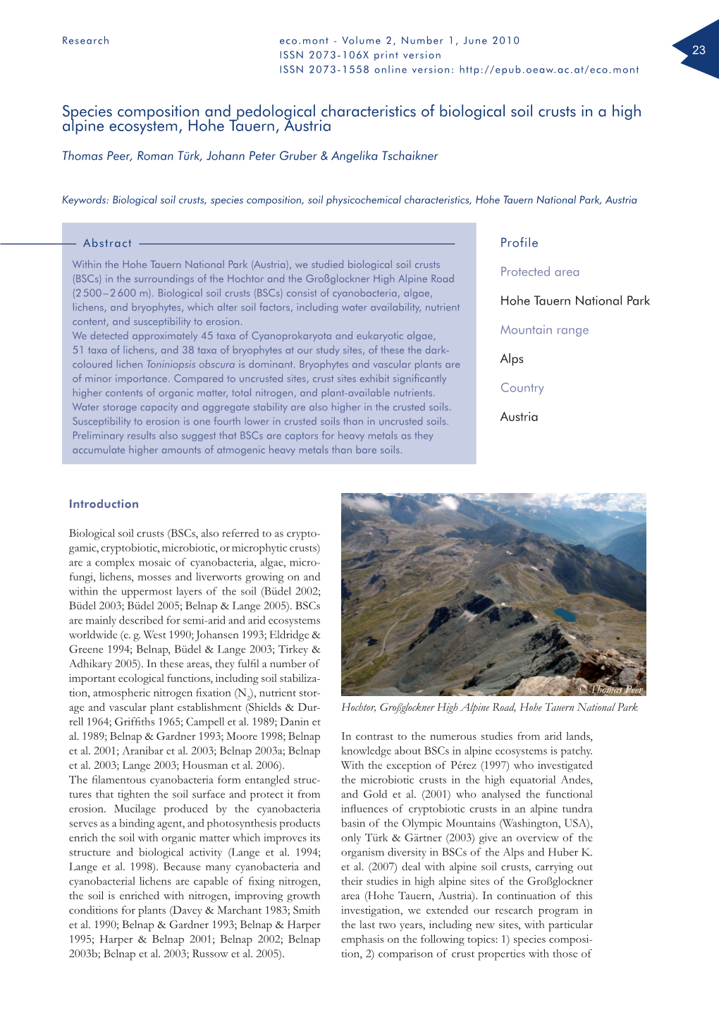 Species Composition and Pedological Characteristics of Biological Soil Crusts in a High Alpine Ecosystem, Hohe Tauern, Austria