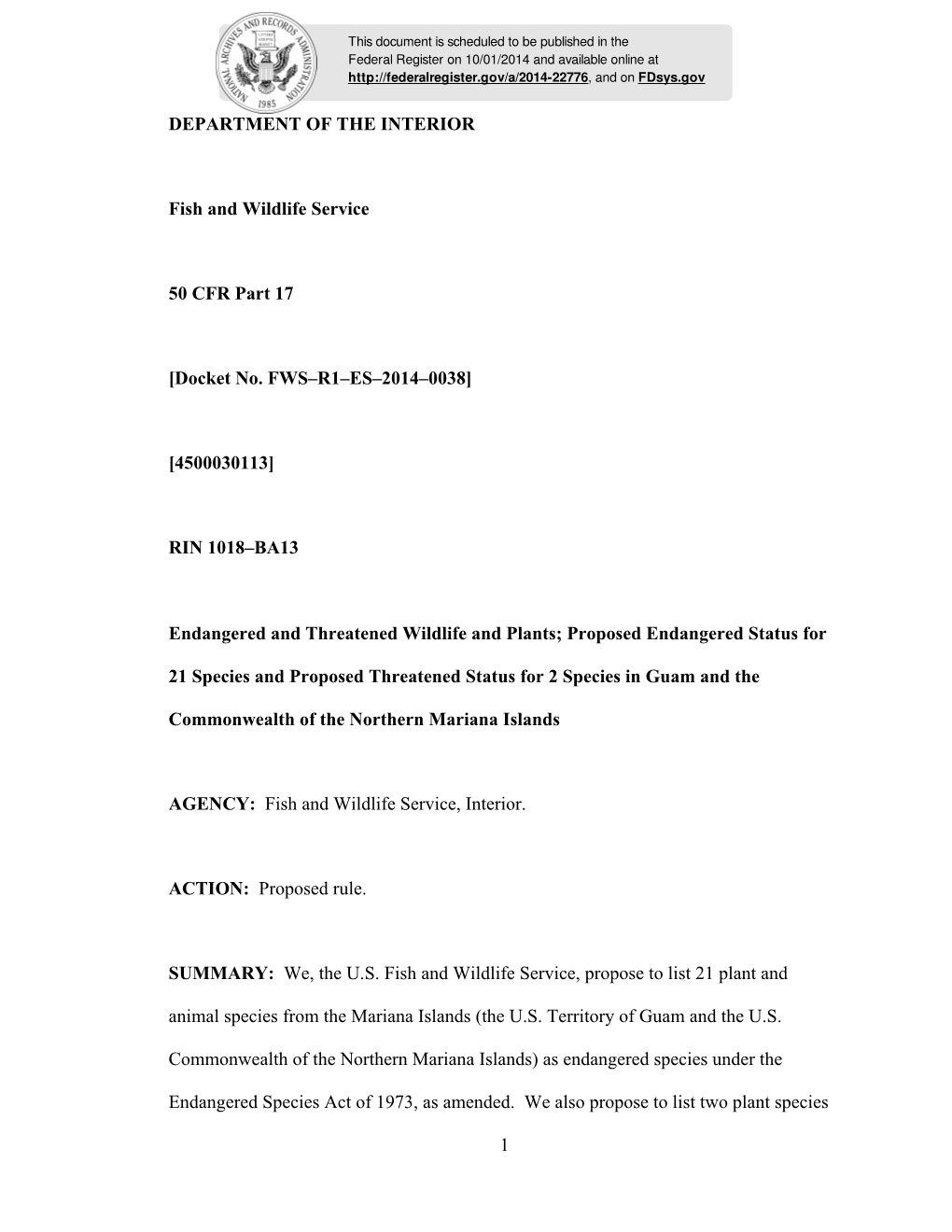 Docket No. FWS–R1–ES–2014–0038]