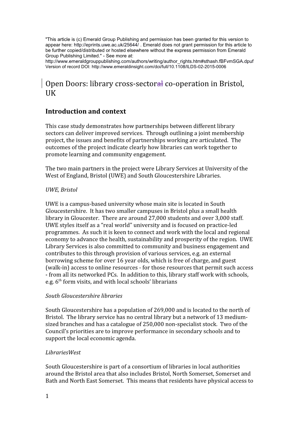 Open Doors: Library Cross-Sectoral Co-Operation in Bristol, UK