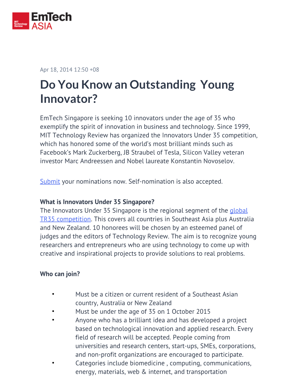 Do You Know an Outstanding Young Innovator?