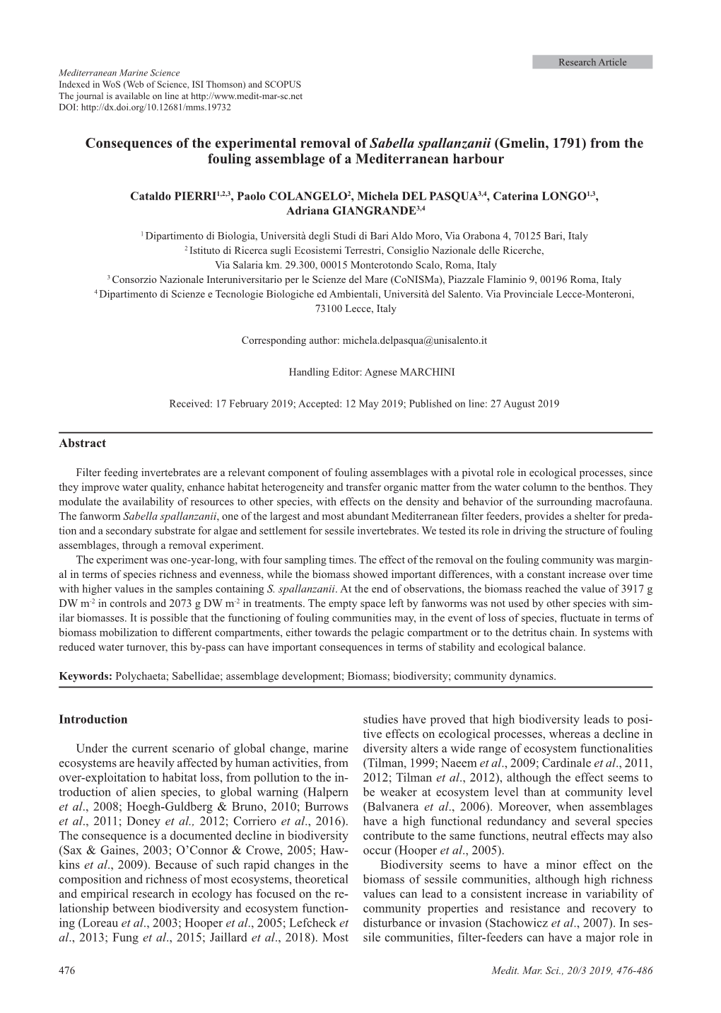 Consequences of the Experimental Removal of Sabella Spallanzanii (Gmelin, 1791) from the Fouling Assemblage of a Mediterranean Harbour