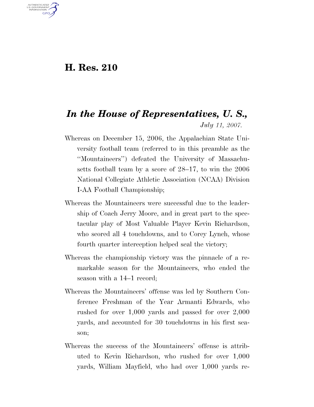 H. Res. 210 in the House of Representatives