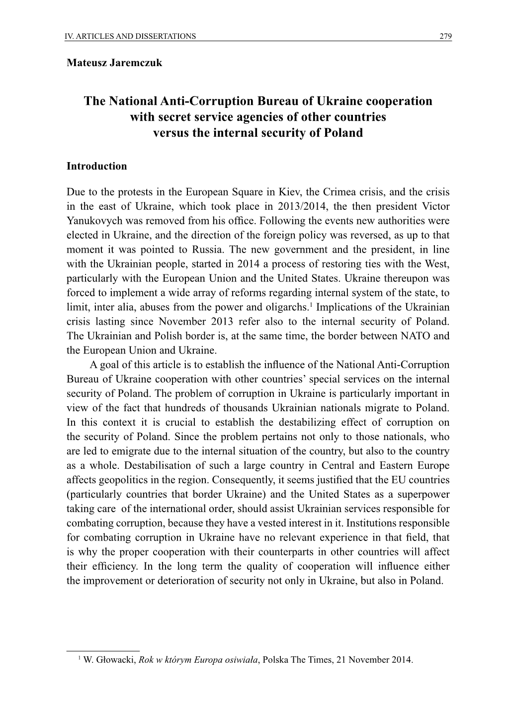 The National Anti-Corruption Bureau of Ukraine Cooperation with Secret Service Agencies of Other Countries Versus the Internal Security of Poland