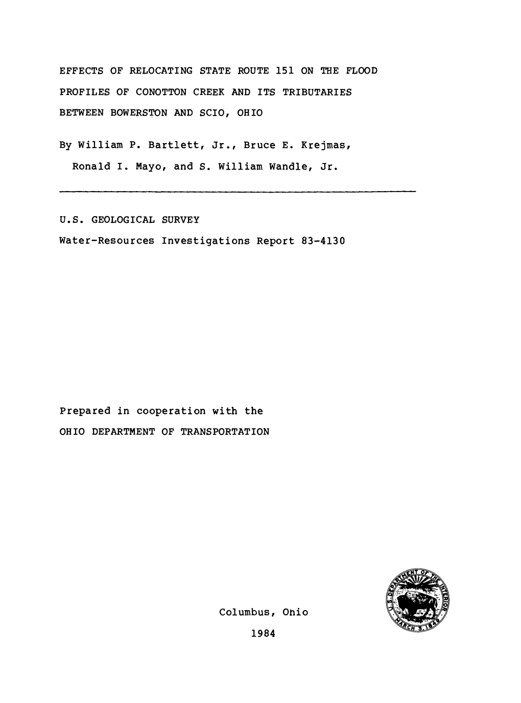 By William P. Bartlett, Jr., Bruce E. Krejmas, Ronald I. Mayof and S. William Wandle, Jr. Water-Resources Investigations Report