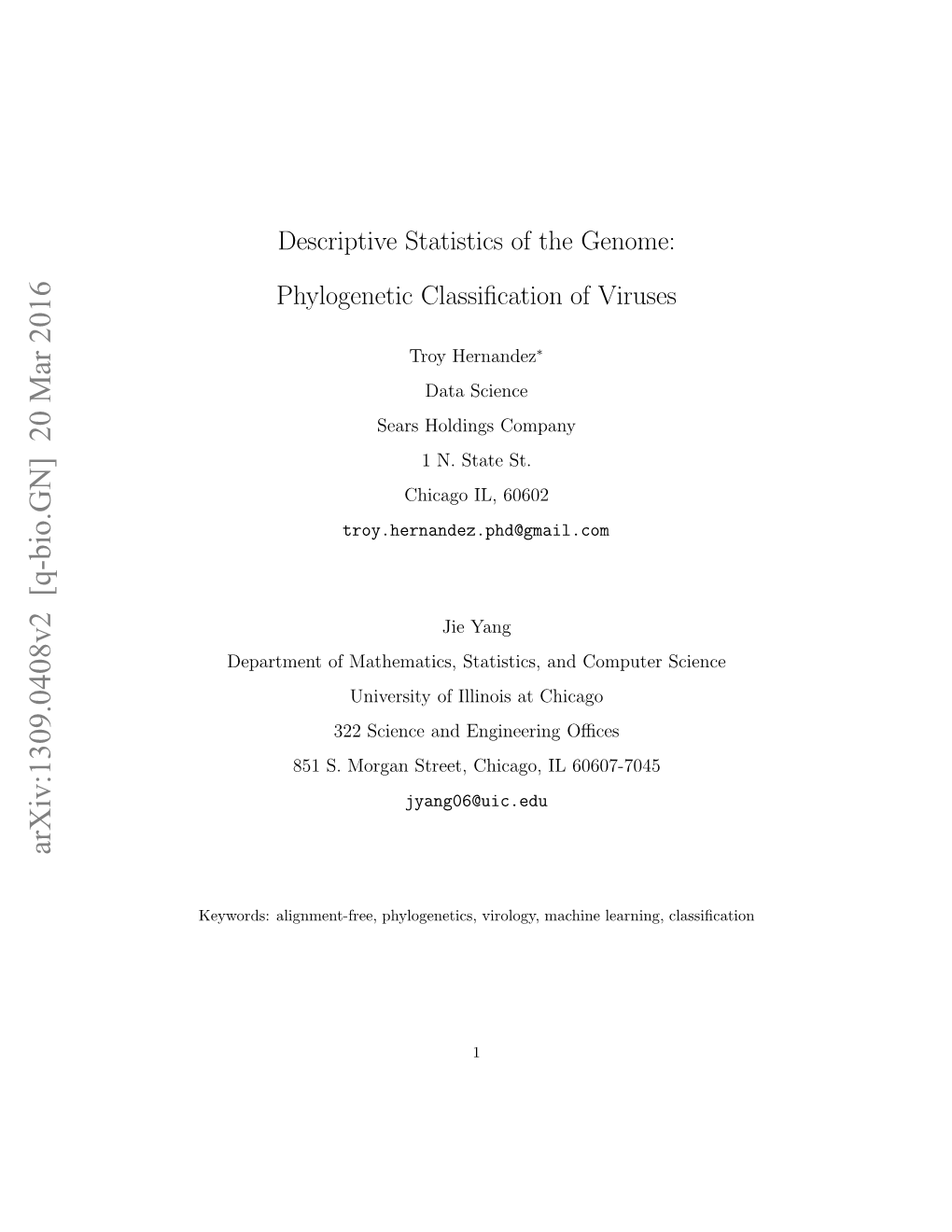 Descriptive Statistics of the Genome: Phylogenetic Classification of Viruses