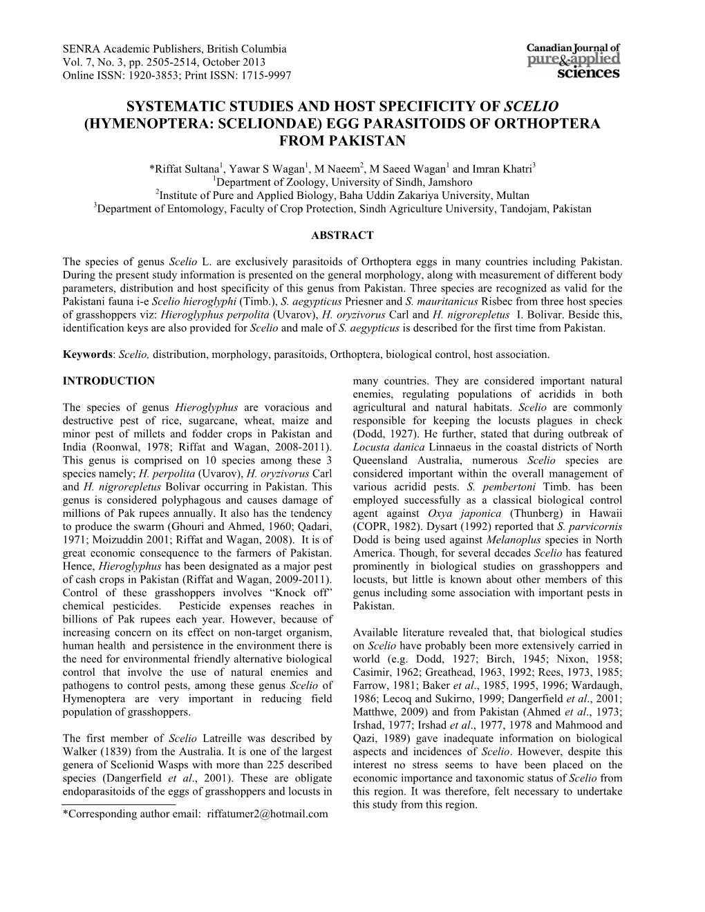 Systematic Studies and Host Specificity of Scelio (Hymenoptera: Sceliondae) Egg Parasitoids of Orthoptera from Pakistan