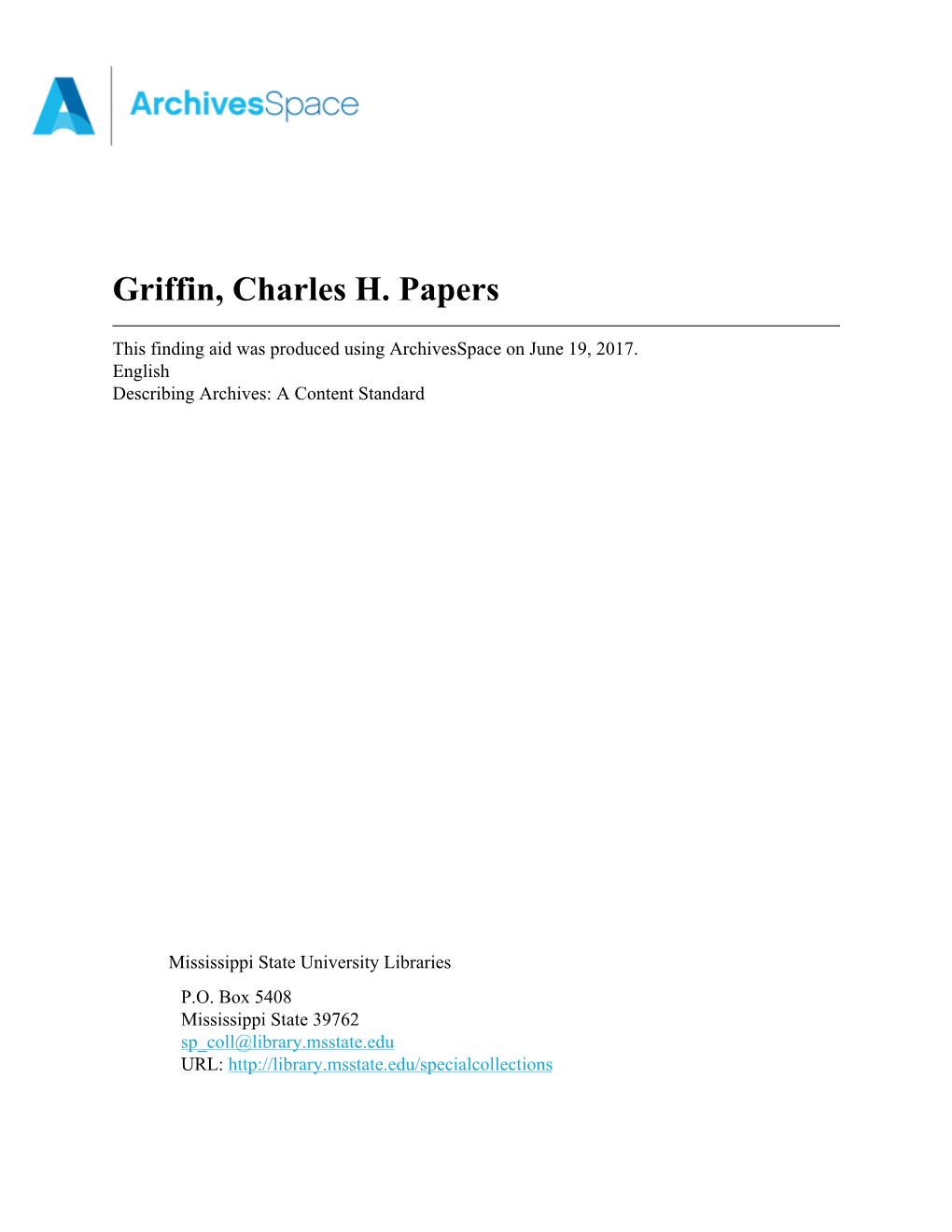 Griffin, Charles H. Papers