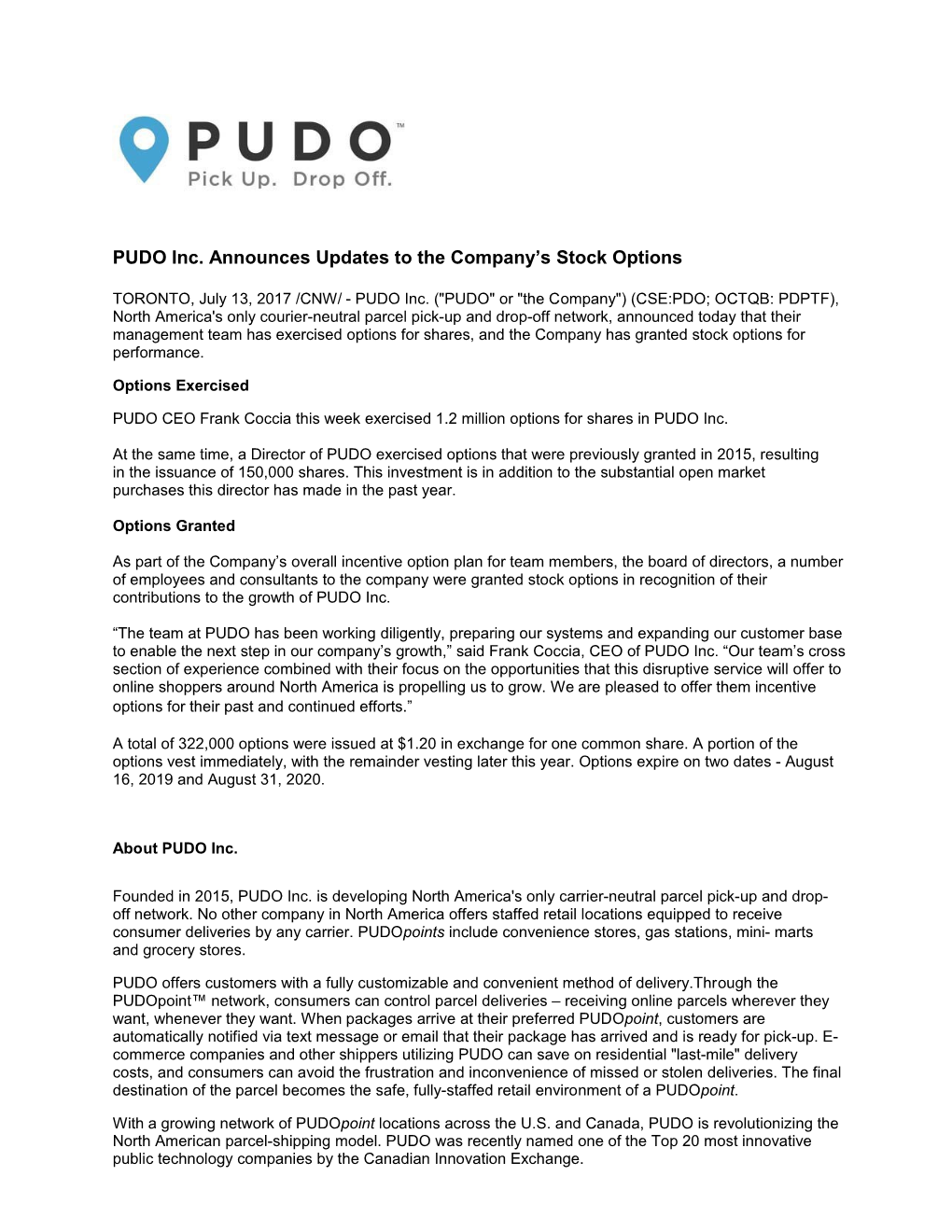 PUDO Inc. Announces Updates to the Company S Stock Options s1