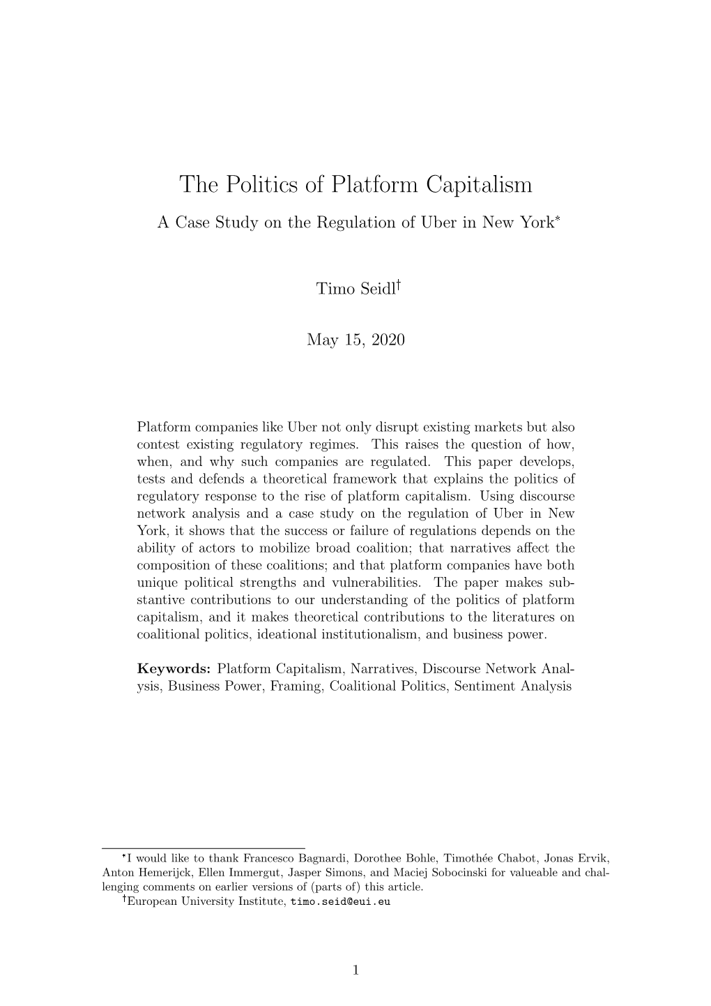 The Politics of Platform Capitalism a Case Study on the Regulation of Uber in New York*