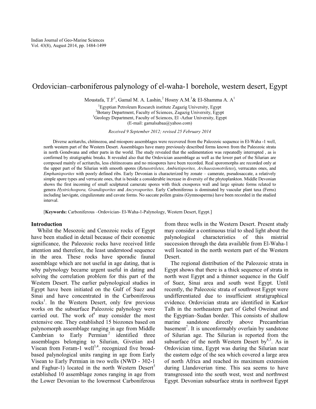 Ordovician–Carboniferous Palynology of El-Waha-1 Borehole, Western Desert, Egypt