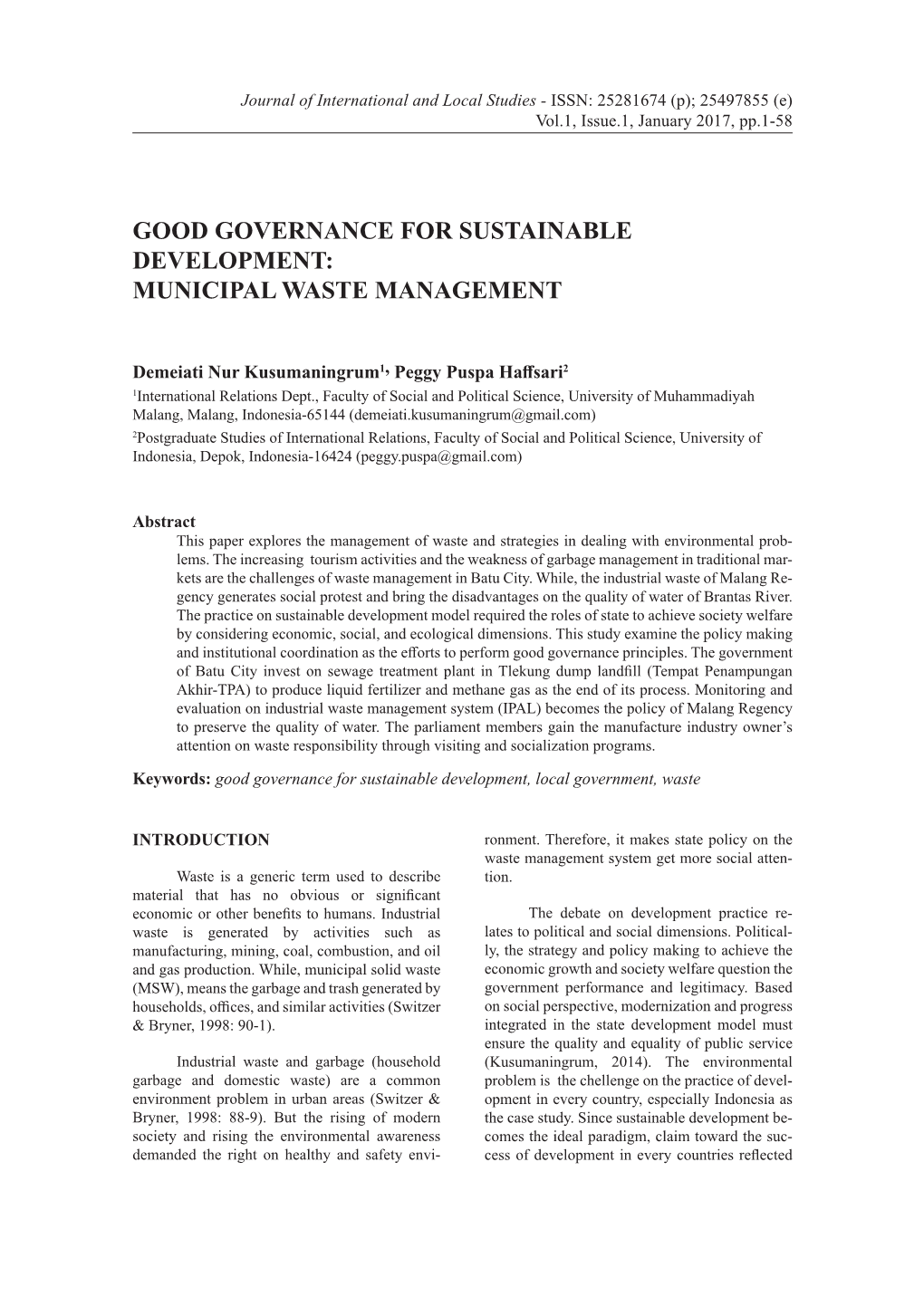 Good Governance for Sustainable Development: Municipal Waste Management