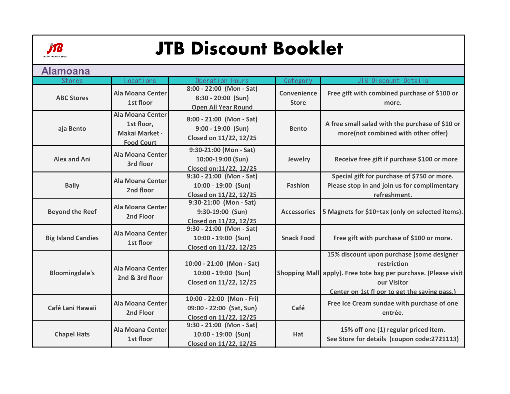 JTB Discount Booklet