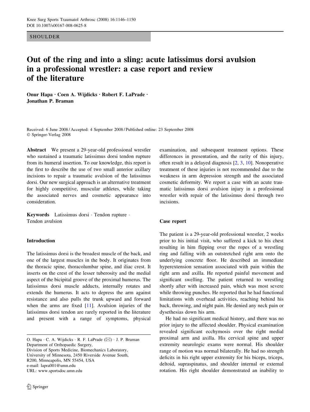 Acute Latissimus Dorsi Avulsion in a Professional Wrestler: a Case Report and Review of the Literature